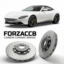 ForzaCCB direct OEM replacement carbon ceramic brake rotors for 2023 and newer Ferrari Roma Spider models, shown with a white Ferrari Roma Spider car.
