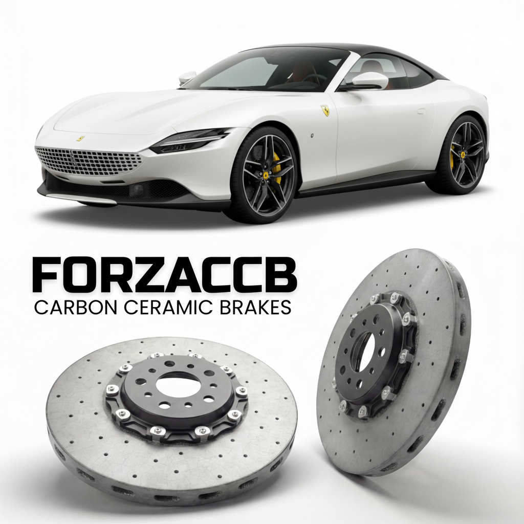 ForzaCCB direct OEM replacement carbon ceramic brake rotors for 2023 and newer Ferrari Roma Spider models, shown with a white Ferrari Roma Spider car.