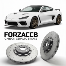ForzaCCB direct OEM replacement carbon ceramic brake rotors for 2021 to 2026 Ultima RS models, shown with a white Ultima RS car.