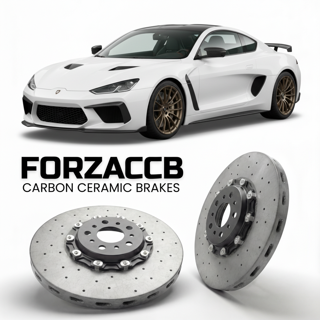 ForzaCCB direct OEM replacement carbon ceramic brake rotors for 2021 to 2026 Ultima RS models, shown with a white Ultima RS car.