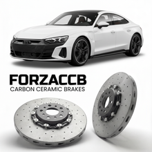 ForzaCCB direct OEM replacement carbon ceramic brake rotors for 2021 and newer Audi RS e-tron GT FW models, shown with a white Audi RS e-tron GT car.