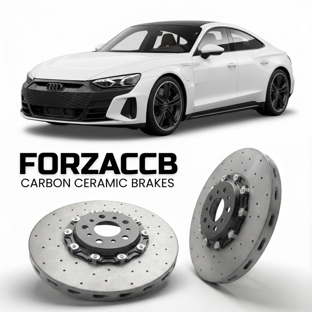 ForzaCCB direct OEM replacement carbon ceramic brake rotors for 2021 and newer Audi RS e-tron GT FW models, shown with a white Audi RS e-tron GT car.