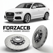 ForzaCCB direct OEM replacement carbon ceramic brake rotors for 2013 to 2016 Audi RS Q3 8U models, shown with a white Audi RS Q3 car.