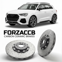 ForzaCCB direct OEM replacement carbon ceramic brake rotors for 2019 to 2025 Audi RS Q3 F3 models, shown with a white Audi RS Q3 car.