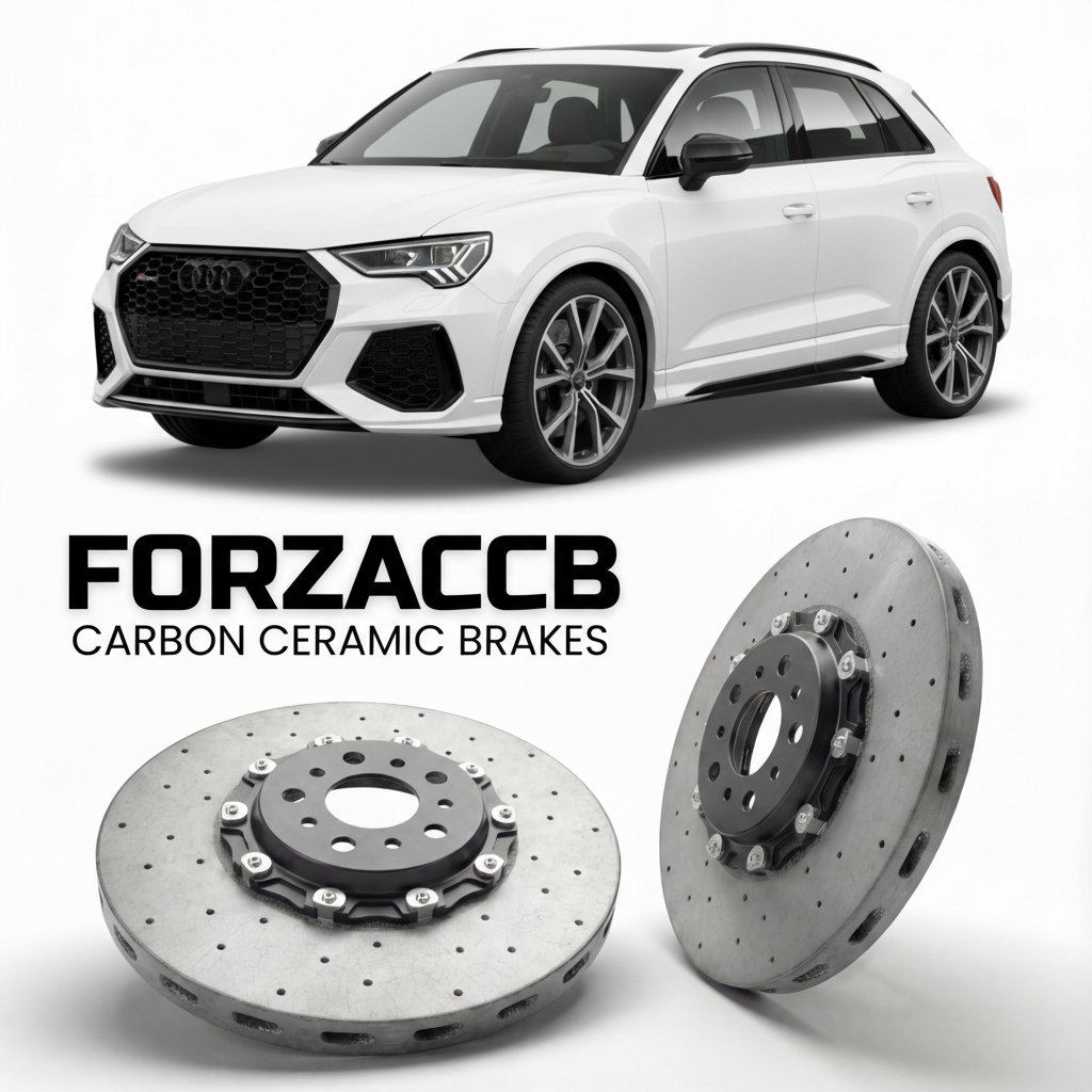ForzaCCB direct OEM replacement carbon ceramic brake rotors for 2019 to 2025 Audi RS Q3 F3 models, shown with a white Audi RS Q3 car.