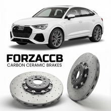 ForzaCCB direct OEM replacement carbon ceramic brake rotors for 2019 to 2025 Audi RS Q3 Sportback F3 models, shown with a white Audi RS Q3 Sportback car.