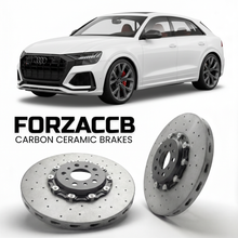 ForzaCCB direct OEM replacement carbon ceramic brake rotors for 2020 and newer Audi RS Q8 models, shown with a white Audi RS Q8 car.