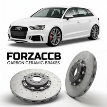ForzaCCB direct OEM replacement carbon ceramic brake rotors for 2011 to 2012 Audi RS3 8P models, shown with a white Audi RS3 car.
