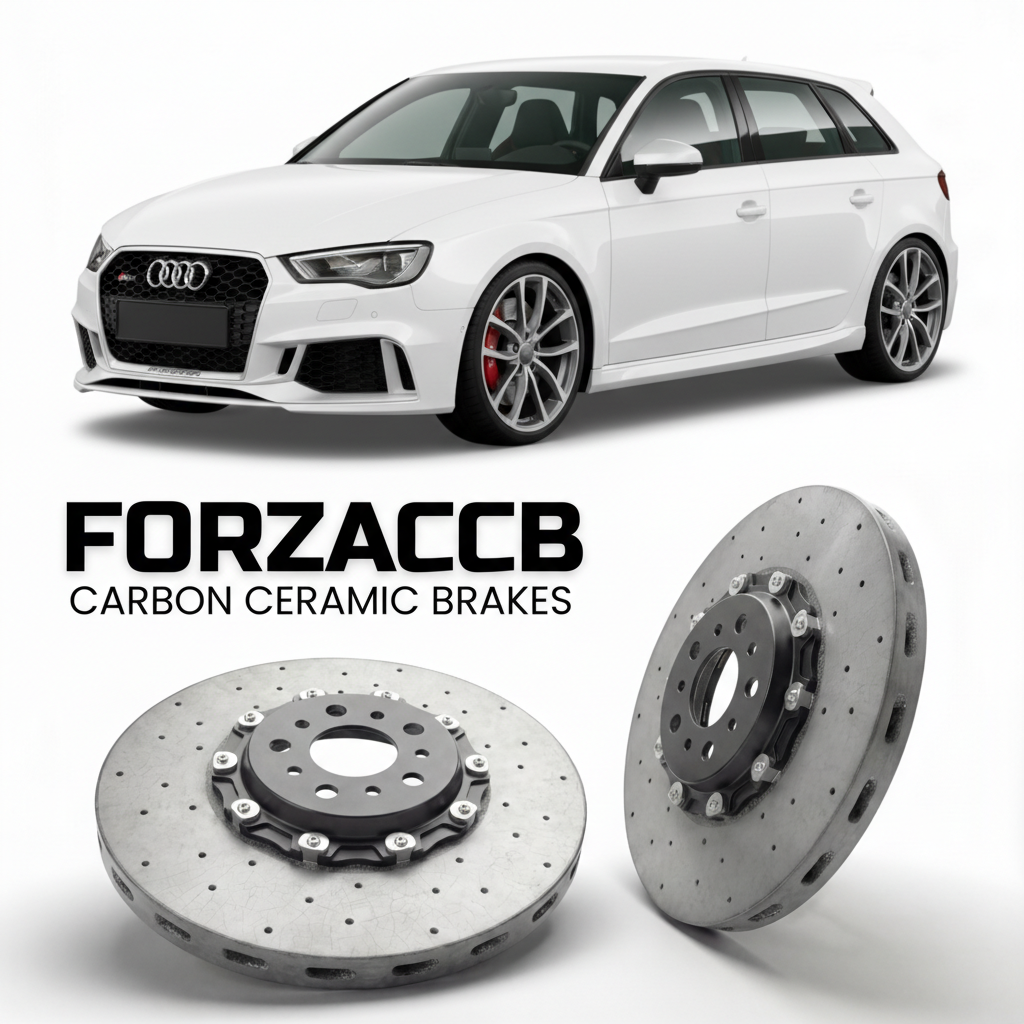 ForzaCCB direct OEM replacement carbon ceramic brake rotors for 2011 to 2012 Audi RS3 8P models, shown with a white Audi RS3 car.