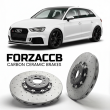 ForzaCCB direct OEM replacement carbon ceramic brake rotors for 2011 to 2013 Audi RS3 8P models, shown with a white Audi RS3 car.