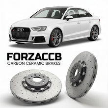 ForzaCCB direct OEM replacement carbon ceramic brake rotors for 2015 to 2020 Audi RS3 8V models, shown with a white Audi RS3 car.