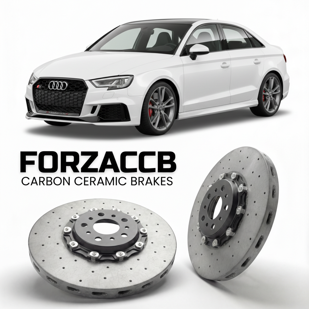 ForzaCCB direct OEM replacement carbon ceramic brake rotors for 2015 to 2020 Audi RS3 8V models, shown with a white Audi RS3 car.