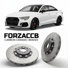 ForzaCCB direct OEM replacement carbon ceramic brake rotors for 2020 and newer Audi RS3 8Y models, shown with a white Audi RS3 car.