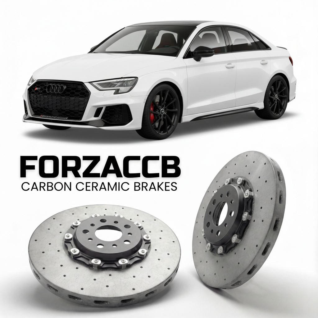 ForzaCCB direct OEM replacement carbon ceramic brake rotors for 2020 and newer Audi RS3 8Y models, shown with a white Audi RS3 car.