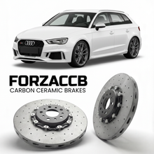 ForzaCCB direct OEM replacement carbon ceramic brake rotors for 2011 to 2012 Audi RS3 Sportback 8P models, shown with a white Audi RS3 Sportback car.