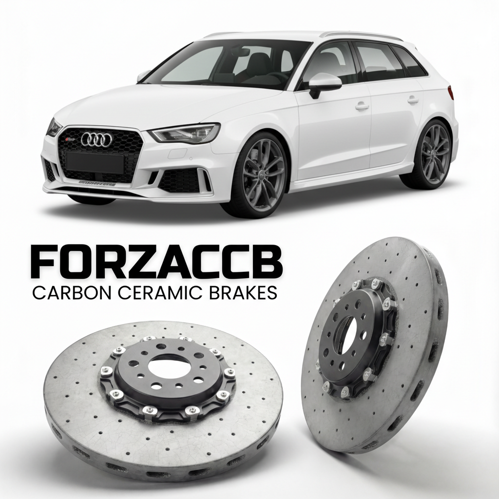 ForzaCCB direct OEM replacement carbon ceramic brake rotors for 2011 to 2012 Audi RS3 Sportback 8P models, shown with a white Audi RS3 Sportback car.
