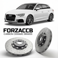 ForzaCCB direct OEM replacement carbon ceramic brake rotors for 2015 to 2020 Audi RS3 Sportback 8V models, shown with a white Audi RS3 Sportback car.