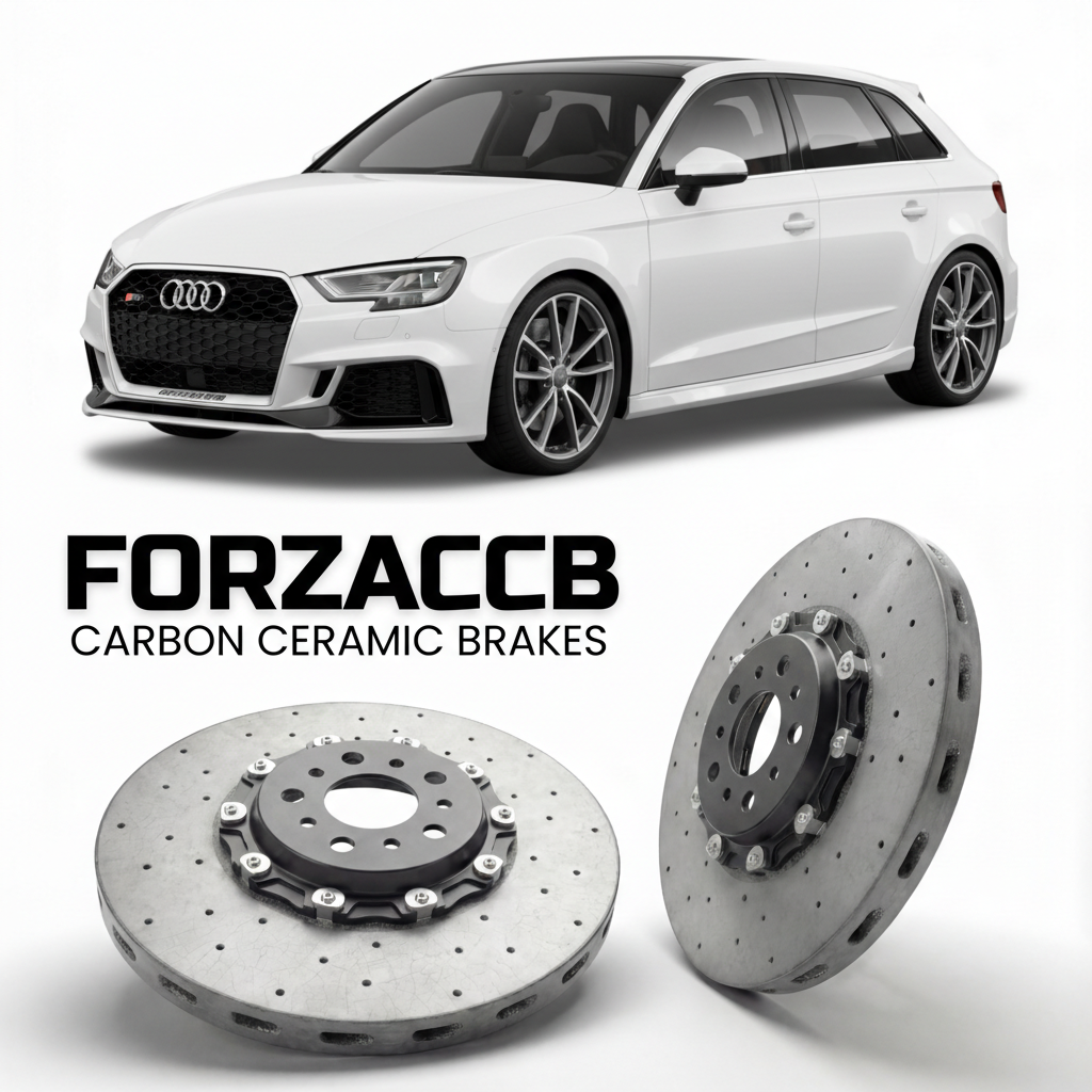 ForzaCCB direct OEM replacement carbon ceramic brake rotors for 2015 to 2020 Audi RS3 Sportback 8V models, shown with a white Audi RS3 Sportback car.