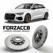ForzaCCB direct OEM replacement carbon ceramic brake rotors for 2020 and newer Audi RS3 Sportback 8Y models, shown with a white Audi RS3 Sportback car.