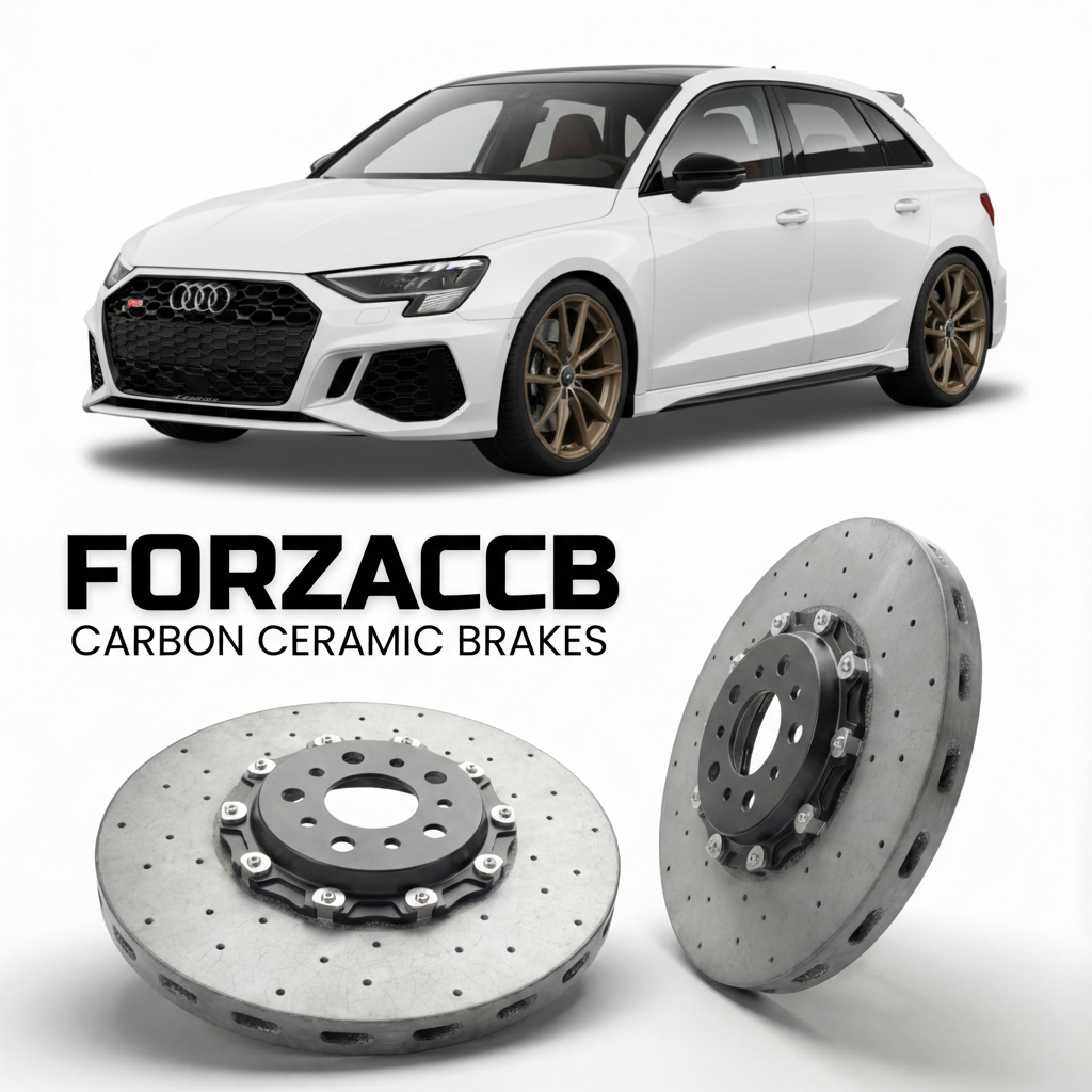 ForzaCCB direct OEM replacement carbon ceramic brake rotors for 2020 and newer Audi RS3 Sportback 8Y models, shown with a white Audi RS3 Sportback car.
