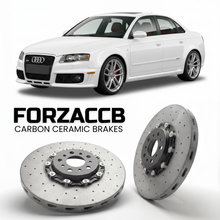 ForzaCCB direct OEM replacement carbon ceramic brake rotors for 2006 to 2008 Audi RS4 B7 models, shown with a white Audi RS4 car.