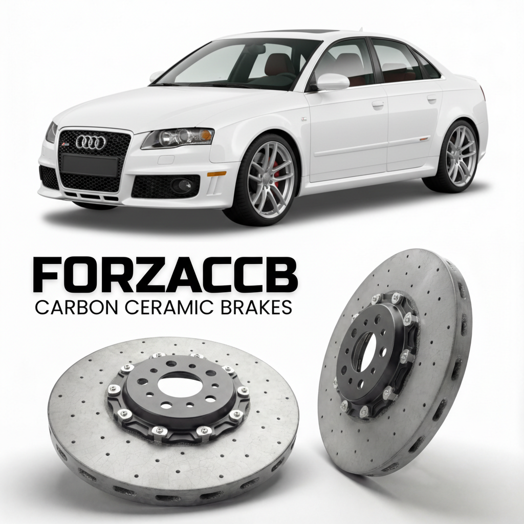 ForzaCCB direct OEM replacement carbon ceramic brake rotors for 2006 to 2008 Audi RS4 B7 models, shown with a white Audi RS4 car.