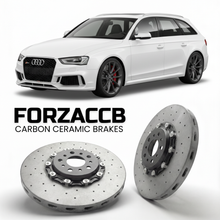 ForzaCCB direct OEM replacement carbon ceramic brake rotors for 2012 to 2015 Audi RS4 B8 models, shown with a white Audi RS4 car.