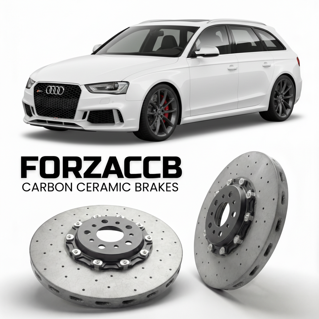 ForzaCCB direct OEM replacement carbon ceramic brake rotors for 2012 to 2015 Audi RS4 B8 models, shown with a white Audi RS4 car.