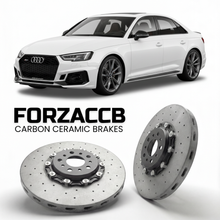ForzaCCB direct OEM replacement carbon ceramic brake rotors for 2017 to 2024 Audi RS4 B9 models, shown with a white Audi RS4 car.