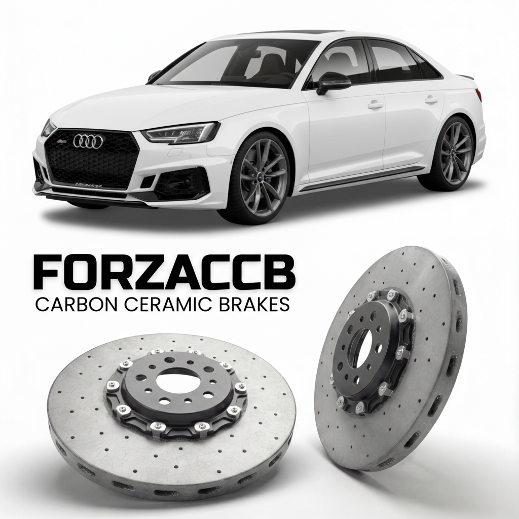 ForzaCCB direct OEM replacement carbon ceramic brake rotors for 2017 to 2024 Audi RS4 B9 models, shown with a white Audi RS4 car.