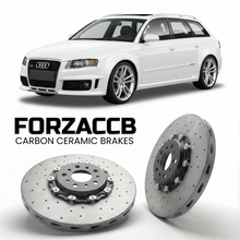 ForzaCCB direct OEM replacement carbon ceramic brake rotors for 2005 to 2008 Audi RS4 Avant B7 models, shown with a white Audi RS4 Avant car.