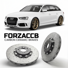 ForzaCCB direct OEM replacement carbon ceramic brake rotors for 2012 to 2015 Audi RS4 Avant B8 models, shown with a white Audi RS4 Avant car.