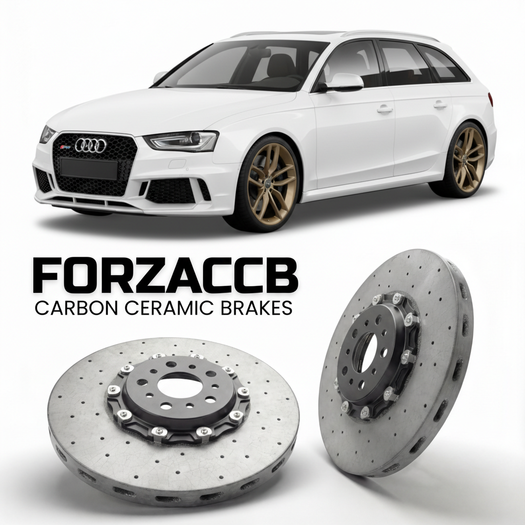 ForzaCCB direct OEM replacement carbon ceramic brake rotors for 2012 to 2015 Audi RS4 Avant B8 models, shown with a white Audi RS4 Avant car.