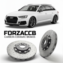 ForzaCCB direct OEM replacement carbon ceramic brake rotors for 2017 to 2024 Audi RS4 Avant B9 models, shown with a white Audi RS4 Avant car.