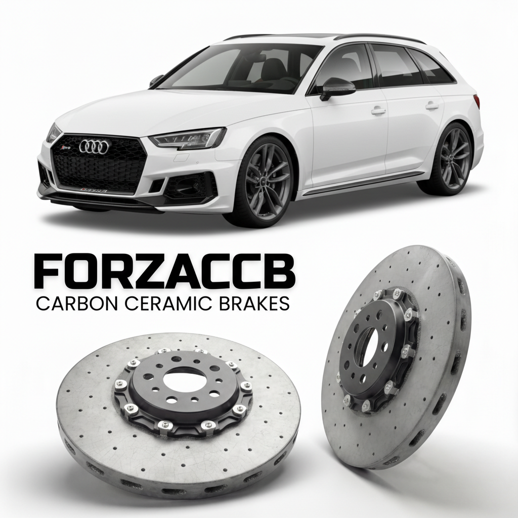 ForzaCCB direct OEM replacement carbon ceramic brake rotors for 2017 to 2024 Audi RS4 Avant B9 models, shown with a white Audi RS4 Avant car.