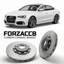 ForzaCCB direct OEM replacement carbon ceramic brake rotors for 2010 to 2015 Audi RS5 8T models, shown with a white Audi RS5 car.