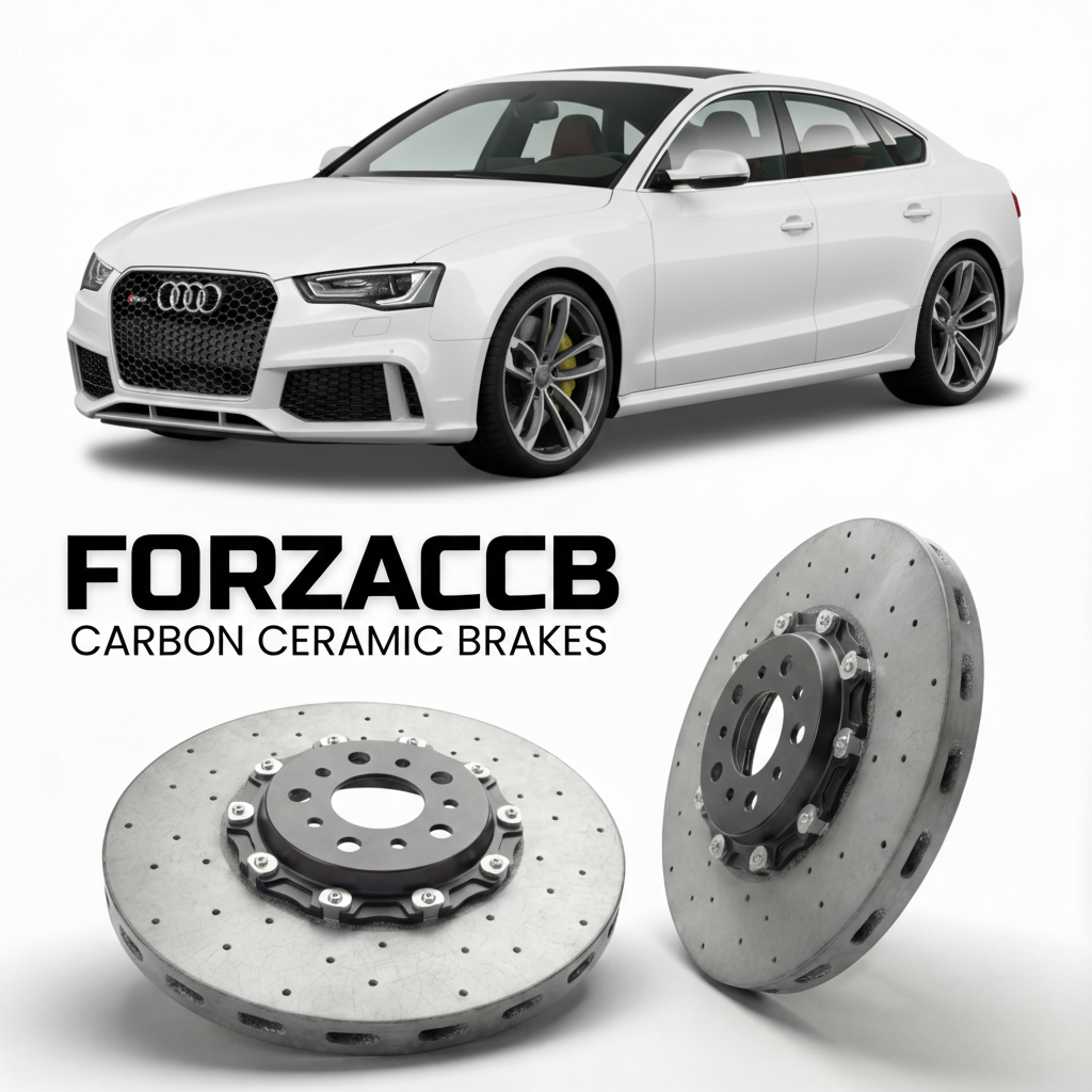 ForzaCCB direct OEM replacement carbon ceramic brake rotors for 2010 to 2015 Audi RS5 8T models, shown with a white Audi RS5 car.