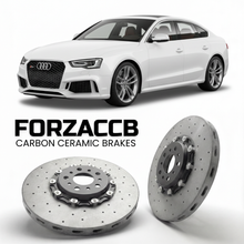 ForzaCCB direct OEM replacement carbon ceramic brake rotors for 2010 to 2016 Audi RS5 8T models, shown with a white Audi RS5 car.