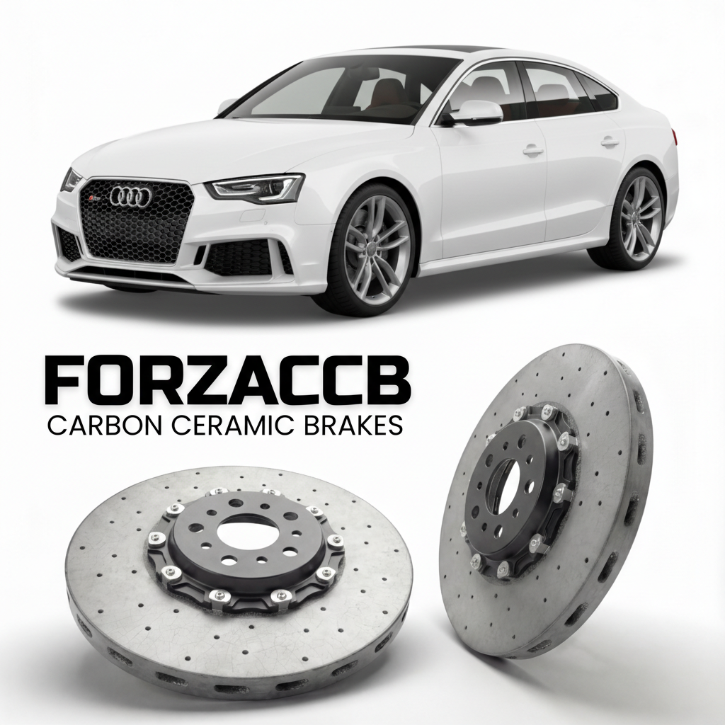 ForzaCCB direct OEM replacement carbon ceramic brake rotors for 2010 to 2016 Audi RS5 8T models, shown with a white Audi RS5 car.