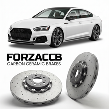 ForzaCCB direct OEM replacement carbon ceramic brake rotors for 2016 to 2024 Audi RS5 F5 models, shown with a white Audi RS5 car.