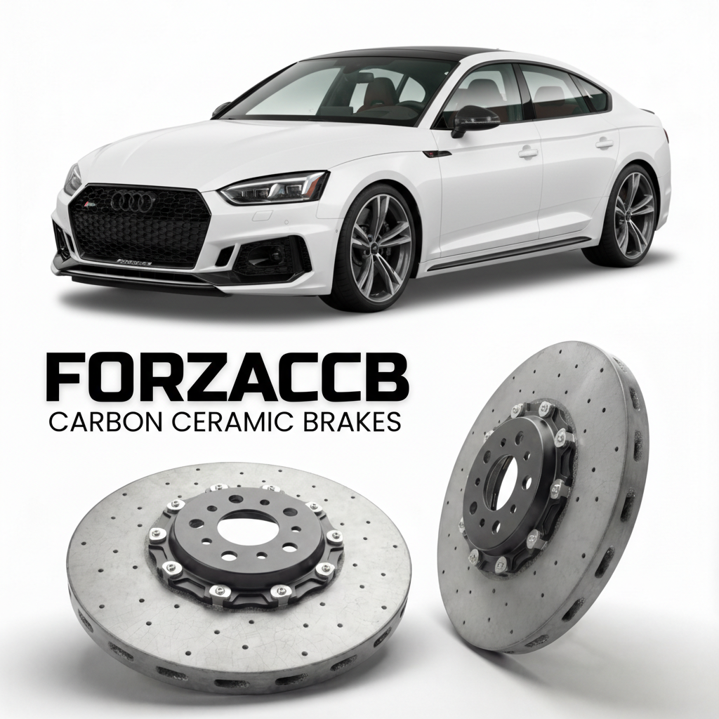 ForzaCCB direct OEM replacement carbon ceramic brake rotors for 2016 to 2024 Audi RS5 F5 models, shown with a white Audi RS5 car.