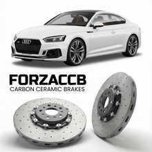 ForzaCCB direct OEM replacement carbon ceramic brake rotors for 2017 to 2024 Audi RS5 F5 models, shown with a white Audi RS5 car.