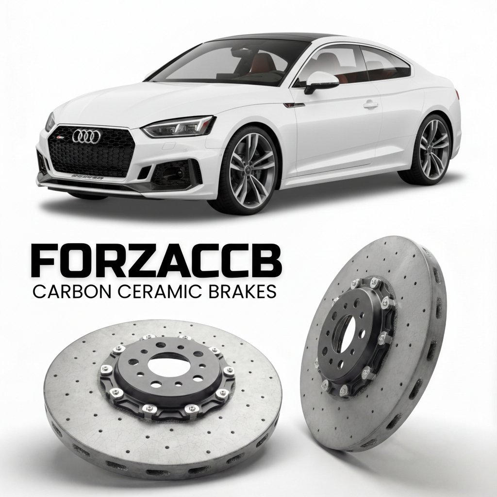 ForzaCCB direct OEM replacement carbon ceramic brake rotors for 2017 to 2024 Audi RS5 F5 models, shown with a white Audi RS5 car.