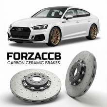ForzaCCB direct OEM replacement carbon ceramic brake rotors for 2018 to 2024 Audi RS5 Sportback F5 models, shown with a white Audi RS5 Sportback car.