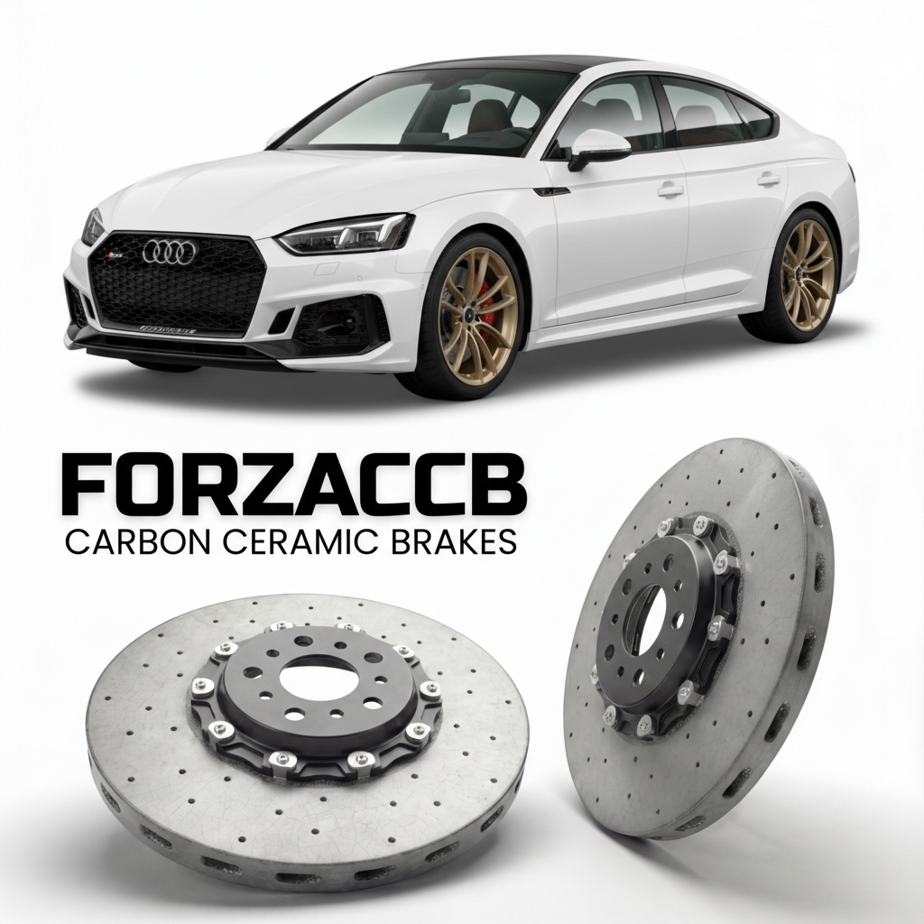 ForzaCCB direct OEM replacement carbon ceramic brake rotors for 2018 to 2024 Audi RS5 Sportback F5 models, shown with a white Audi RS5 Sportback car.