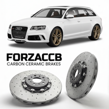 ForzaCCB direct OEM replacement carbon ceramic brake rotors for 2008 to 2010 Audi RS6 C6 models, shown with a white Audi RS6 car.