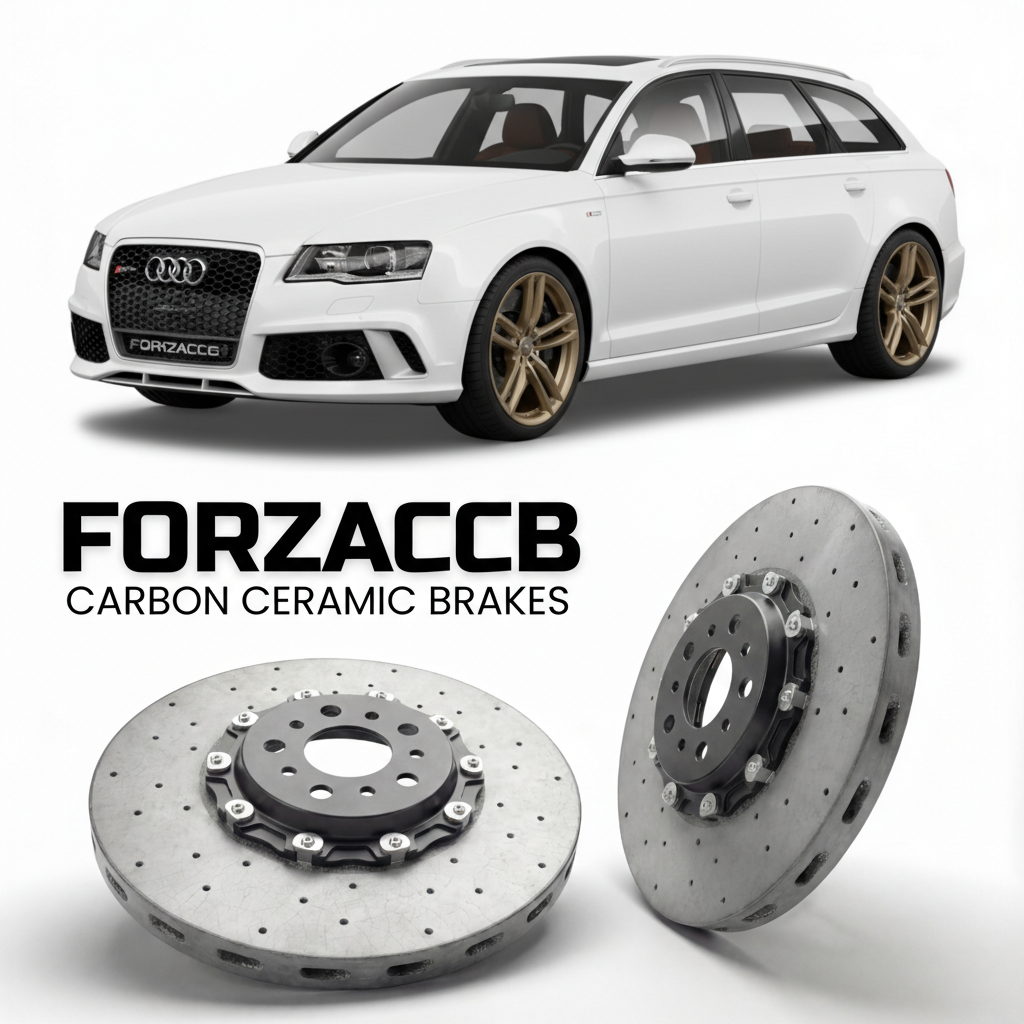 ForzaCCB direct OEM replacement carbon ceramic brake rotors for 2008 to 2010 Audi RS6 C6 models, shown with a white Audi RS6 car.