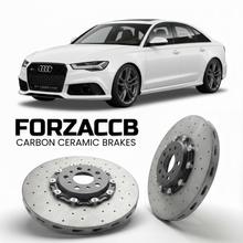 ForzaCCB direct OEM replacement carbon ceramic brake rotors for 2013 to 2018 Audi RS6 C7 models, shown with a white Audi RS6 car.