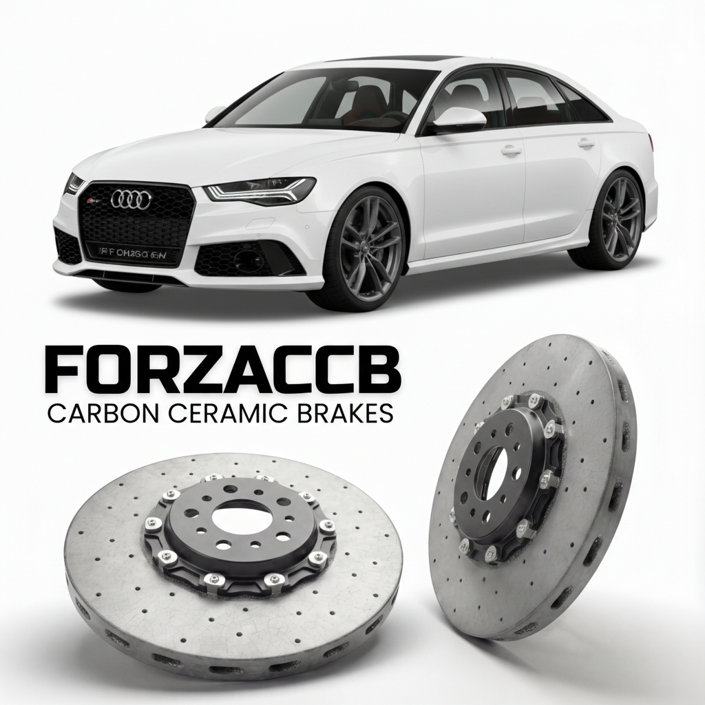 ForzaCCB direct OEM replacement carbon ceramic brake rotors for 2013 to 2018 Audi RS6 C7 models, shown with a white Audi RS6 car.