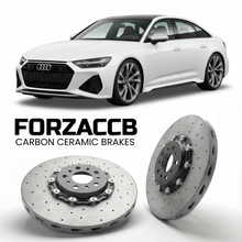 ForzaCCB direct OEM replacement carbon ceramic brake rotors for 2019 and newer Audi RS6 C8 models, shown with a white Audi RS6 car.
